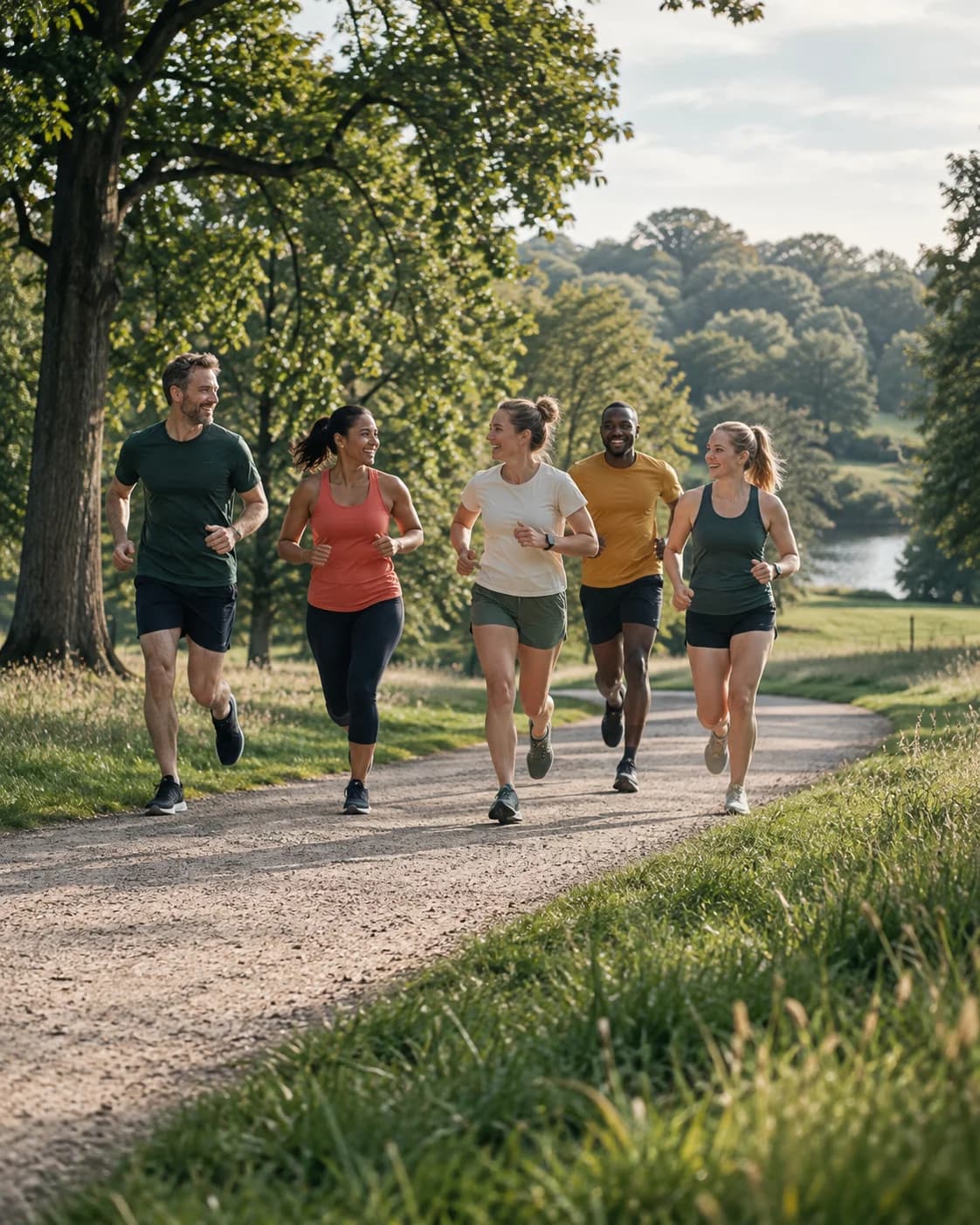 A group of runners sharing a run along a tree-lined park path